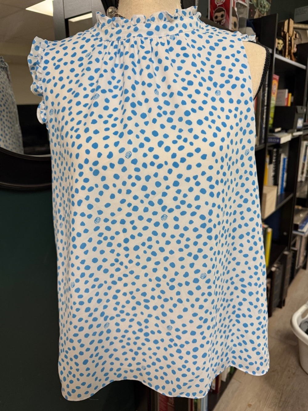 Lilly Pulitzer White & Blue Polka Dot Ruffle Mock Neck Blouse